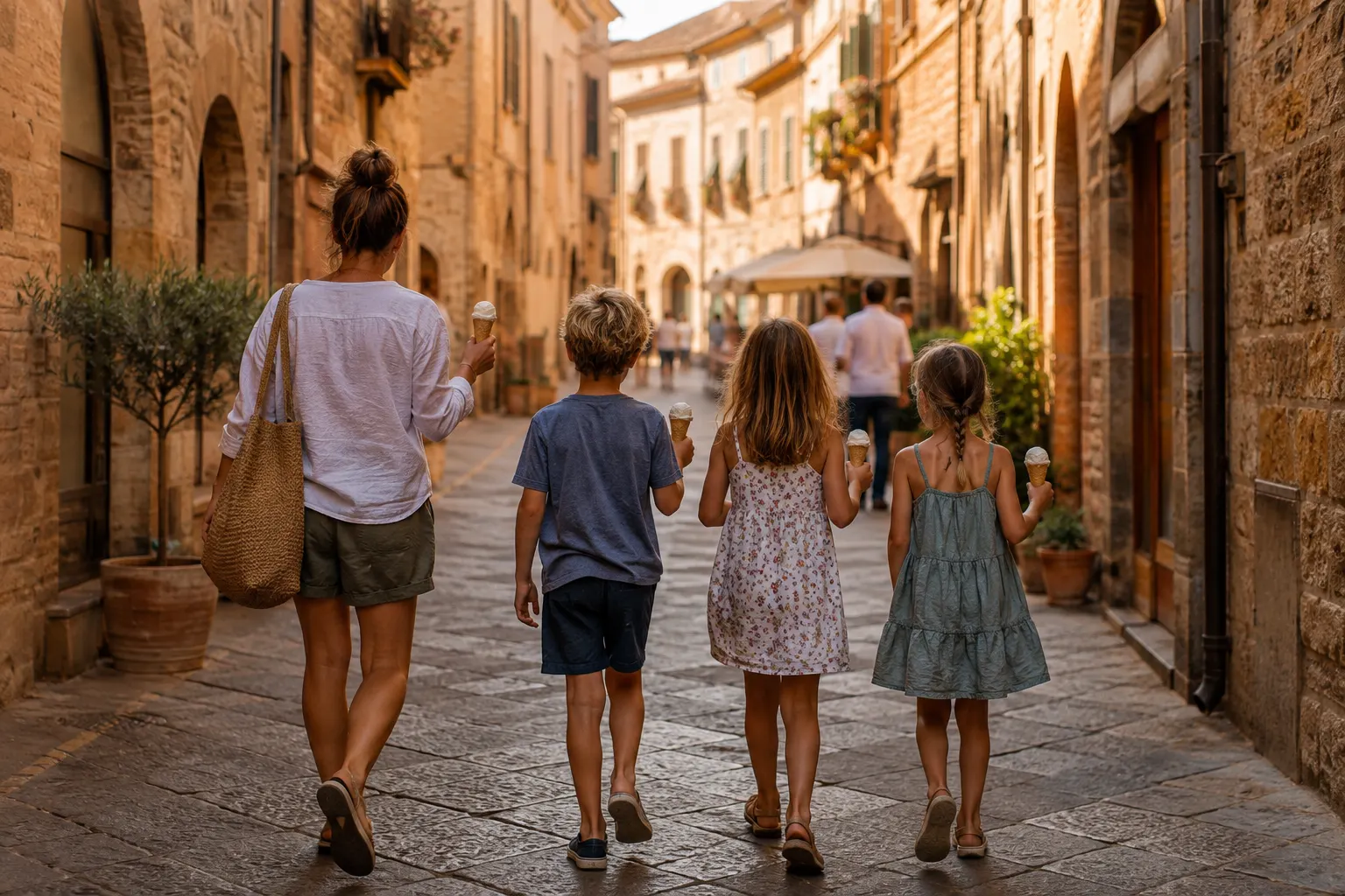 A parent and three children with ice cream cones wandering an old stone street in warm evening light