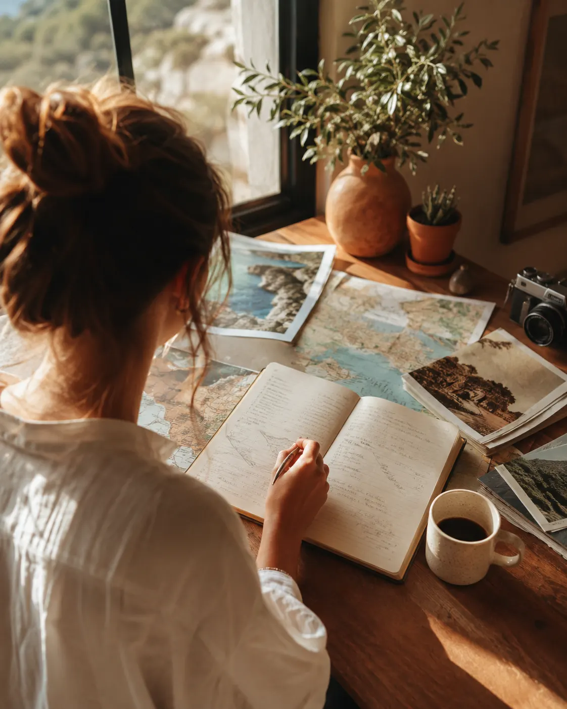 Planning travel at a sunlit desk covered with maps, photographs, and a handwritten journal