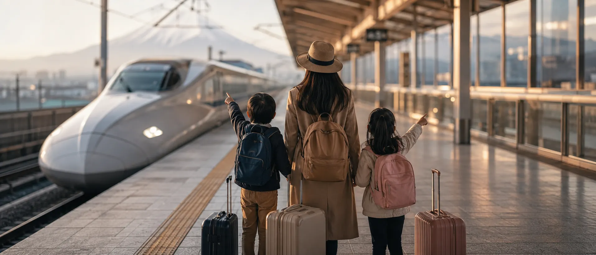 A mother and two children on a station platform as a shinkansen glides in, Mount Fuji in the distant haze