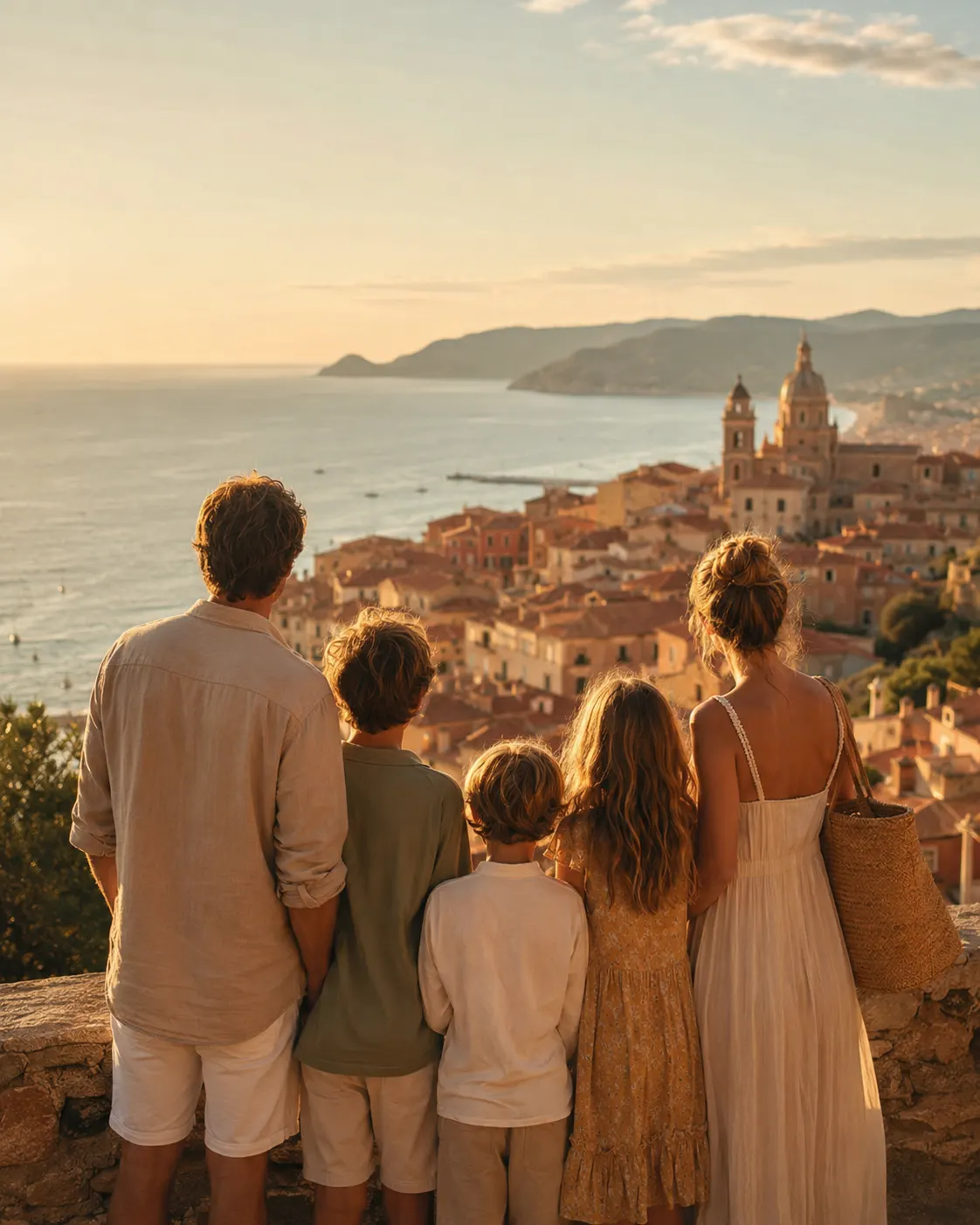 A family of five at a stone overlook, gazing over a golden Mediterranean coastal town at sunset