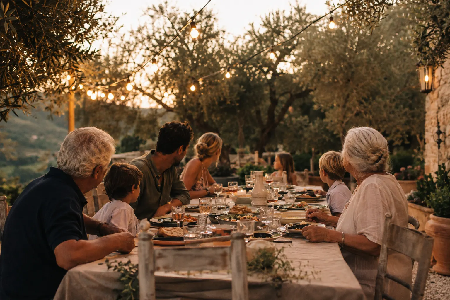 Three generations of a family sharing a long outdoor dinner under string lights and olive trees at dusk
